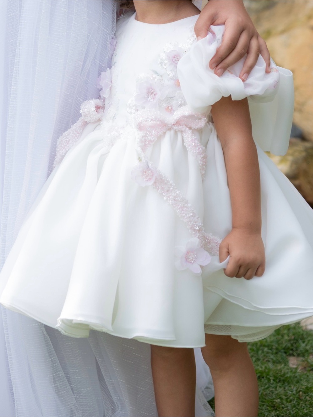 White & Light Pink Floral Embellished Girls Dress